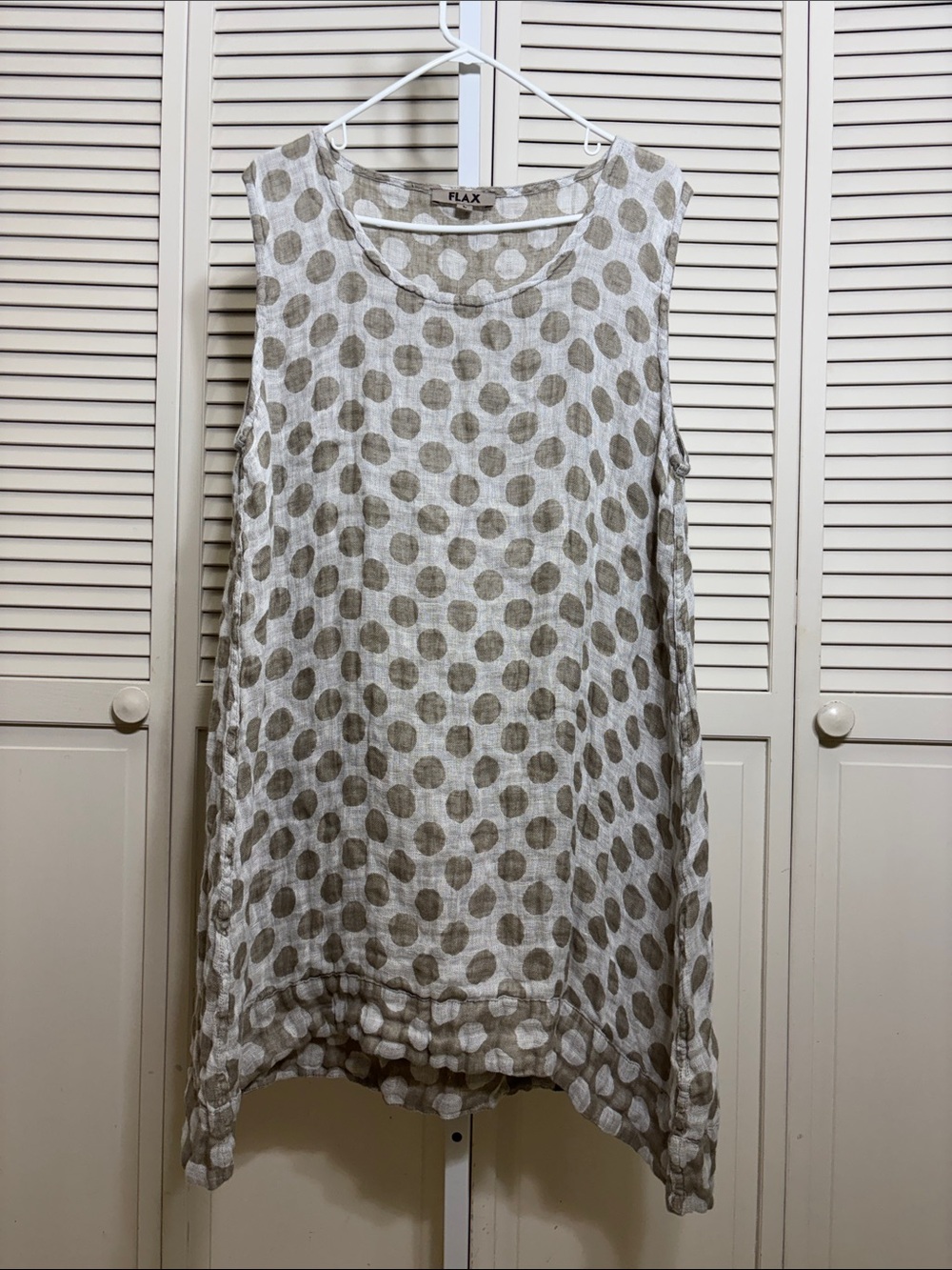 Flax Polka Dot Sleeveless Linen Tunic Top in Taupe and White Large